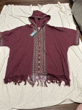 NWT Earthbound Trading Co Hooded Linen Cotton Blend Shirt Boho Fringe Raw Hem